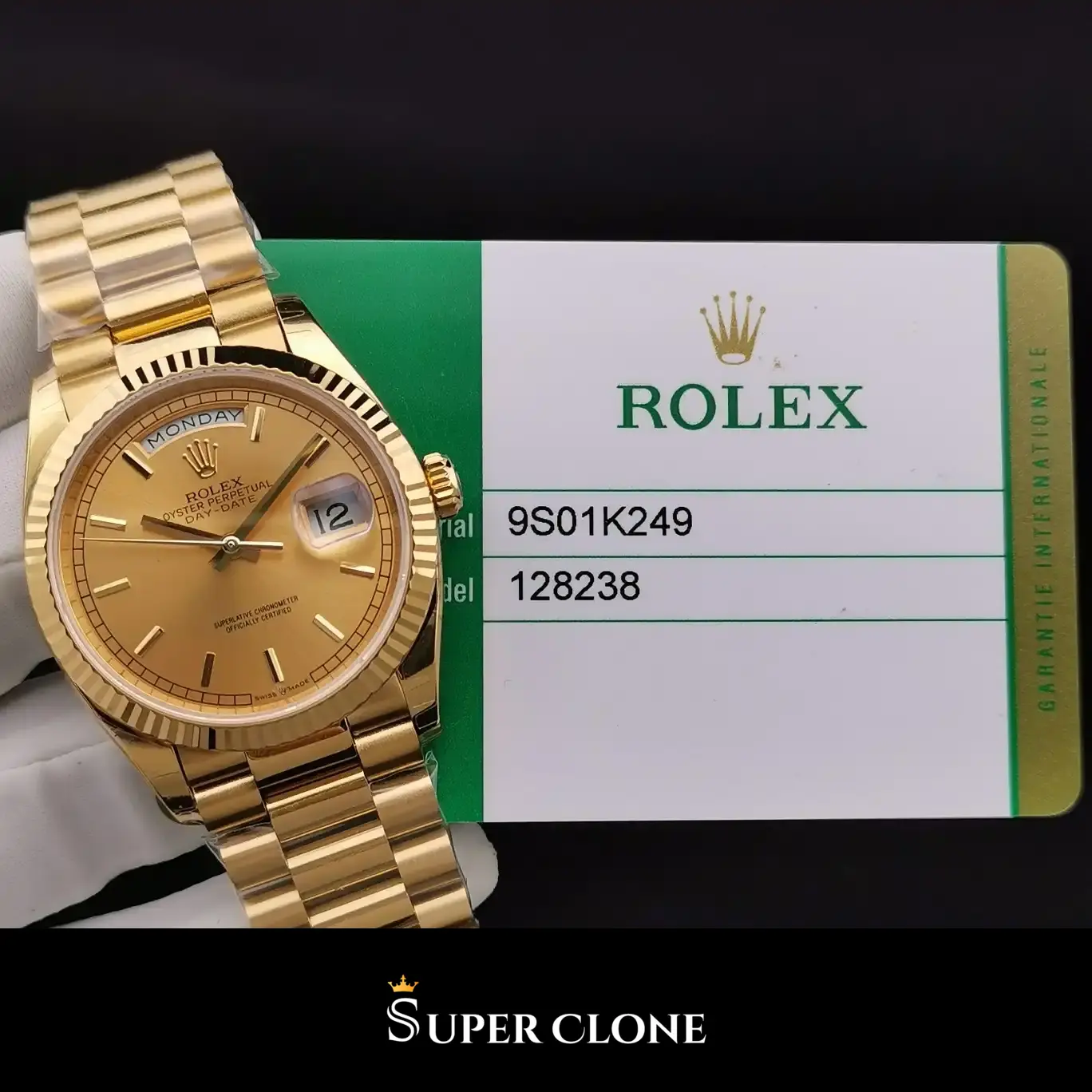 Rolex Day-Date 128238 replica, vista de la ventana del día a las 12