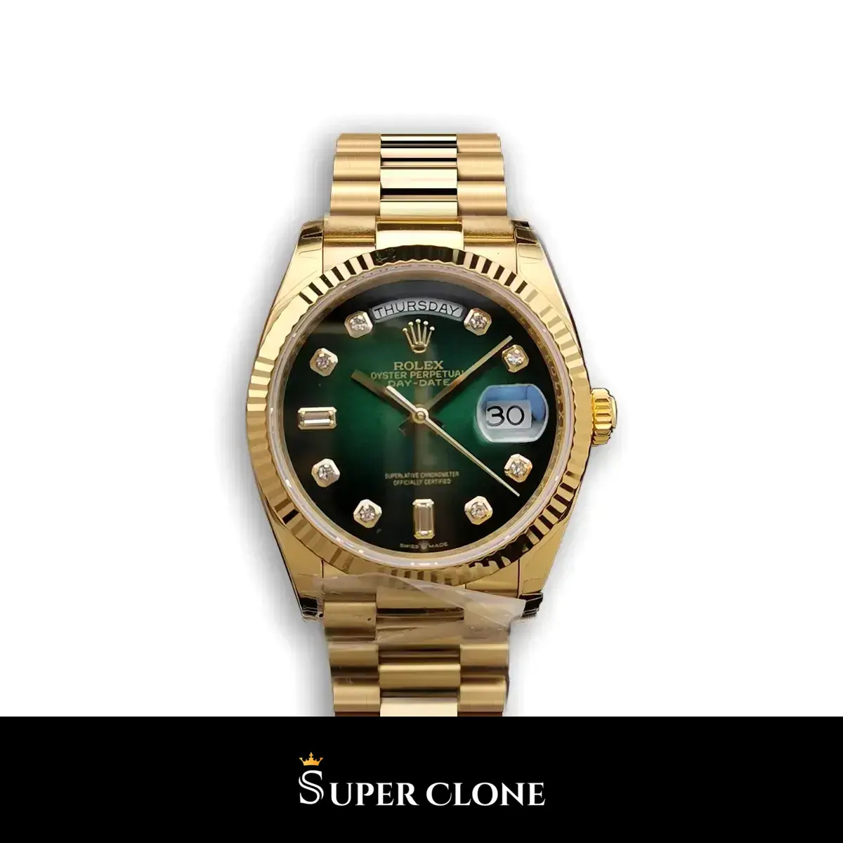 Day-Date 128238 réplica automática japonesa esfera verde — vista frontal
