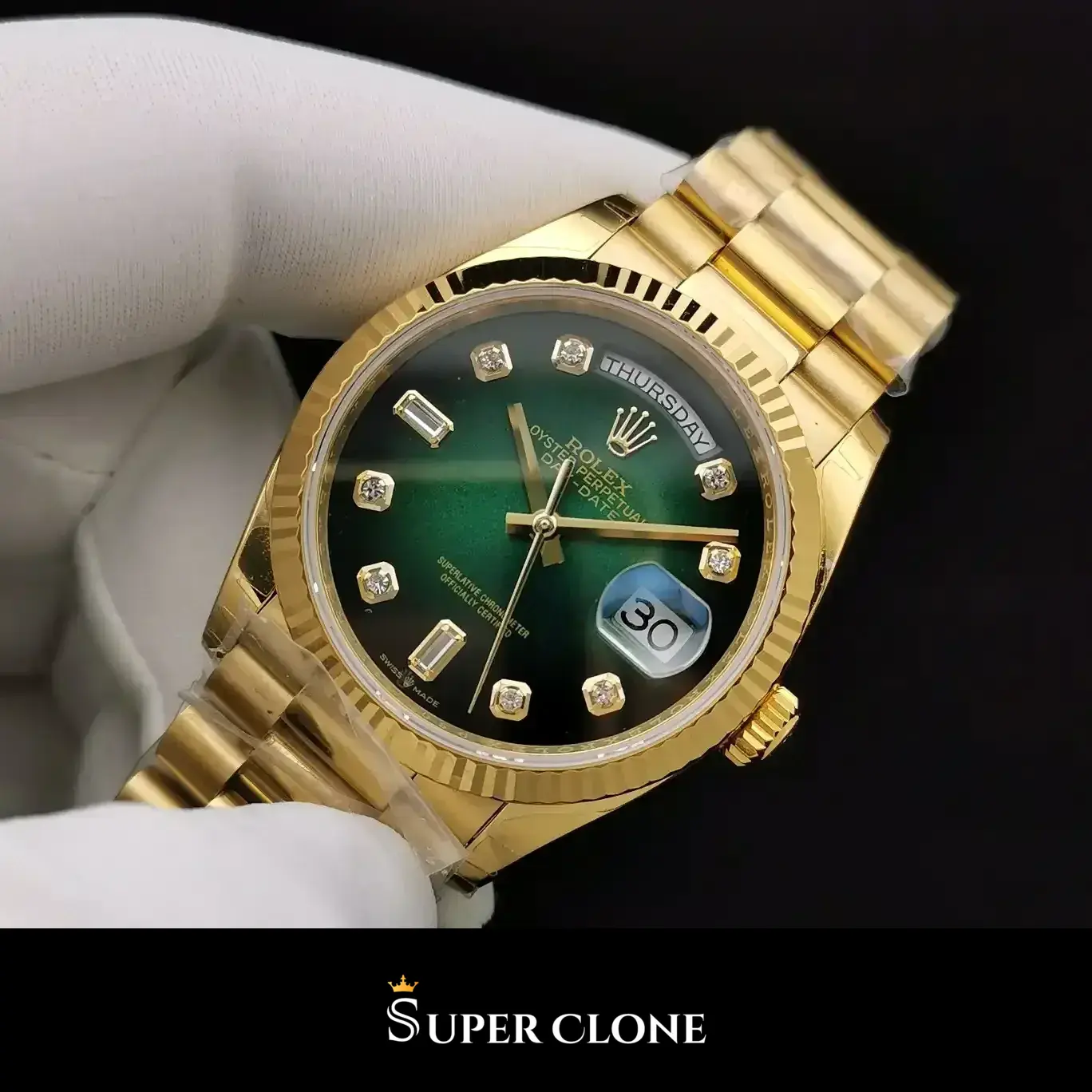 Rolex Day-Date 128238 replica, vista de muñeca, esfera verde, vista 8