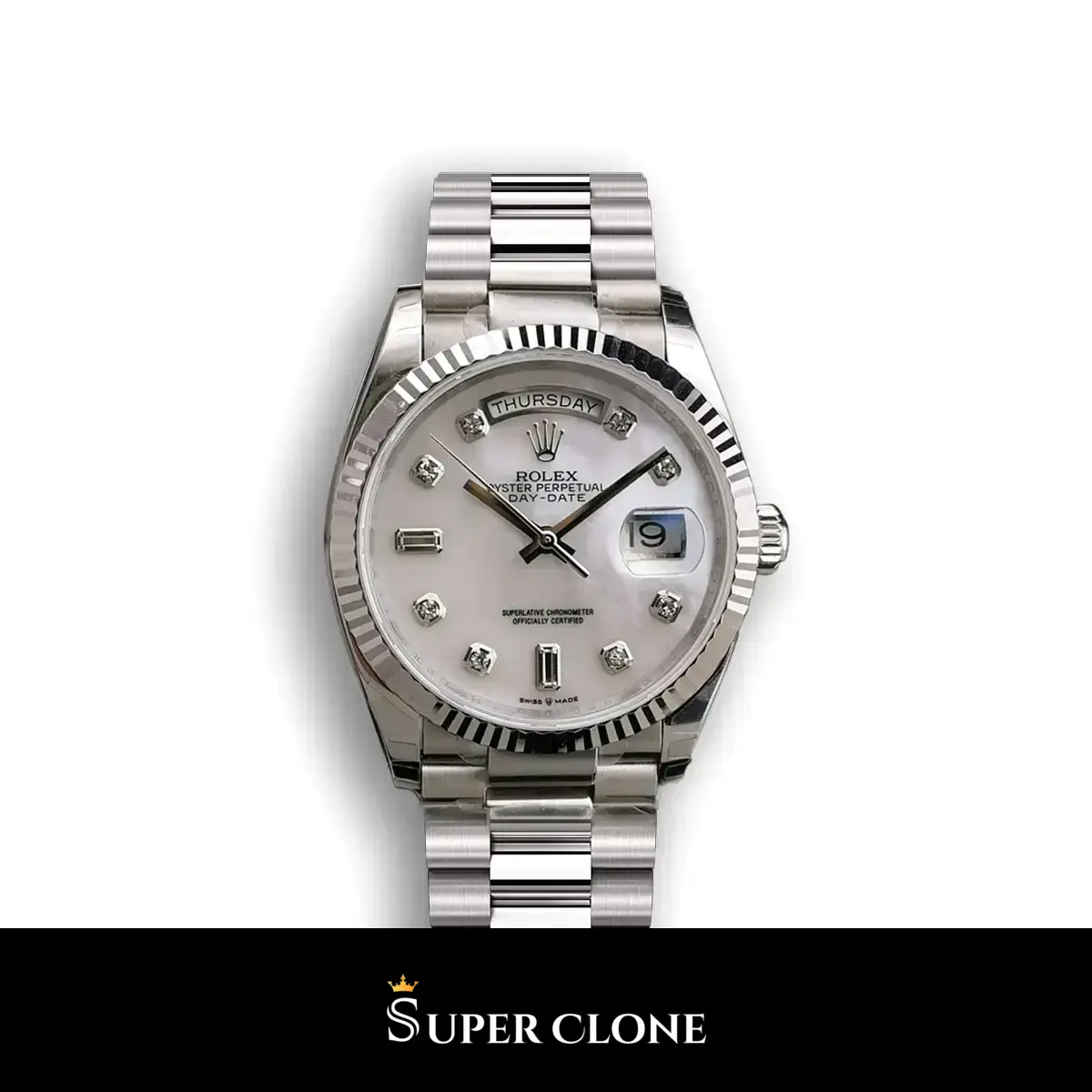 Rolex Day-Date 228239 réplica Miyota esfera blanca — vista frontal