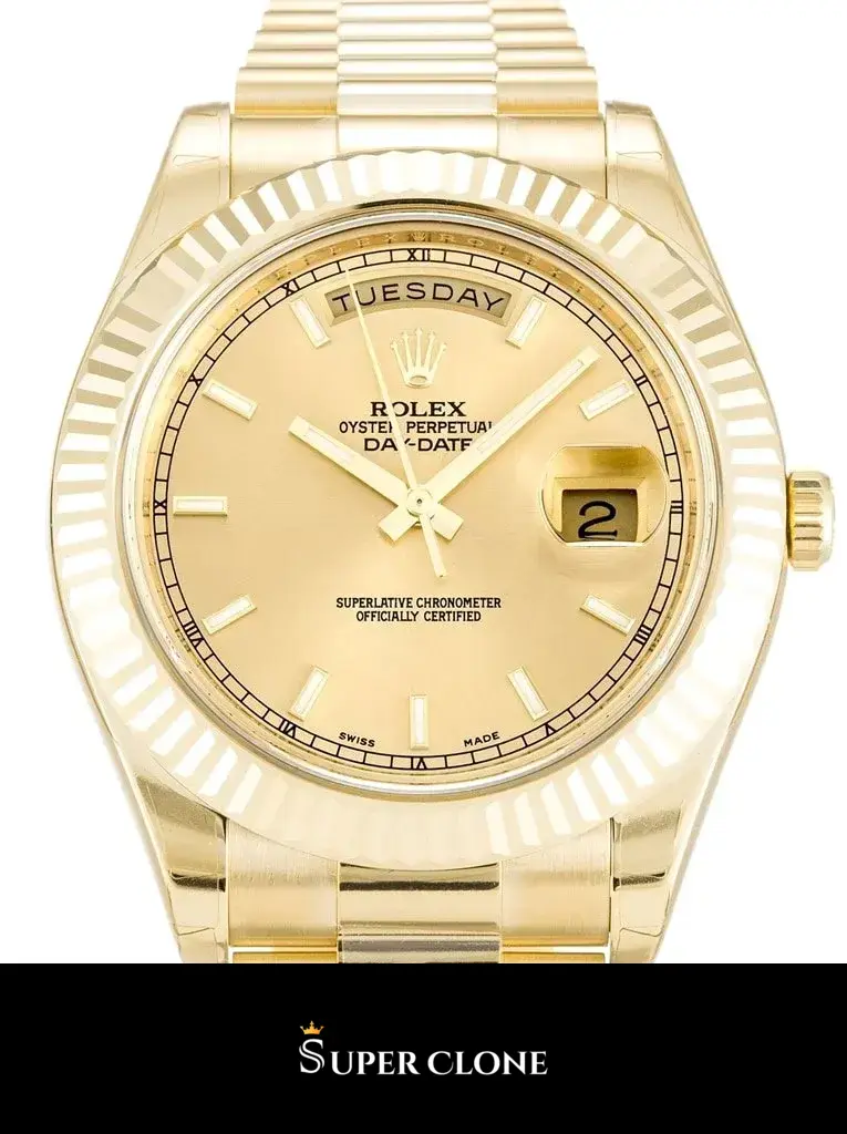 Day-Date II 218238 replica oro, detalle del bisel estriado en oro amarillo