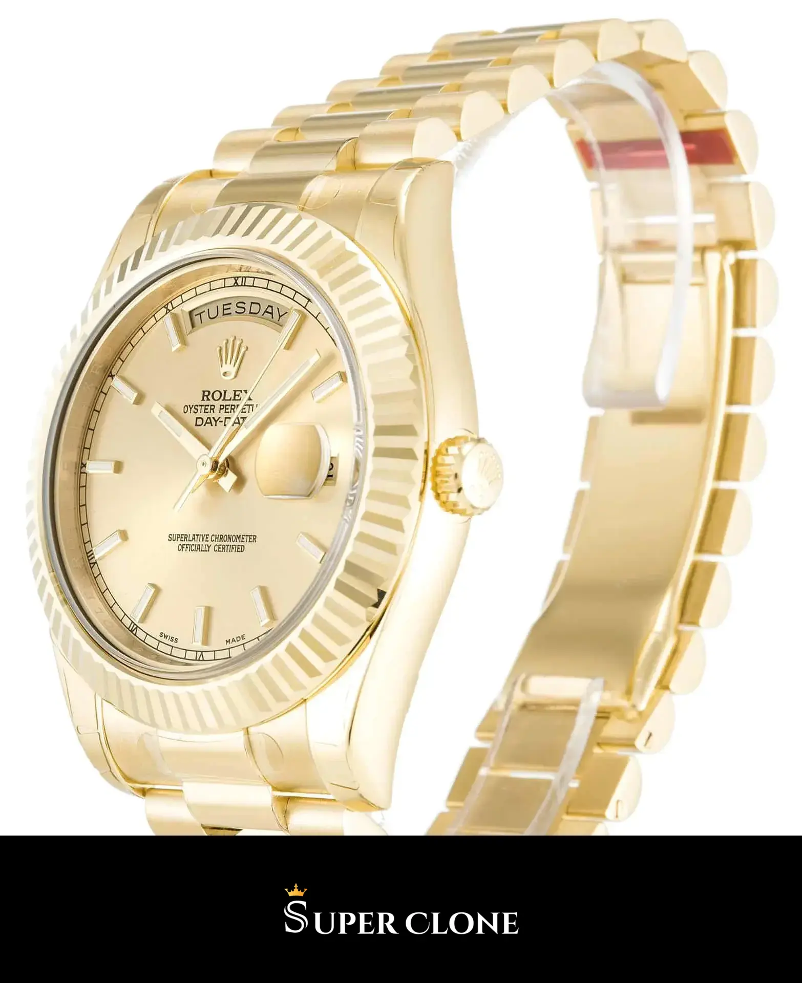 Rolex Day-Date II 218238 replica oro, perfil lateral de la caja y corona