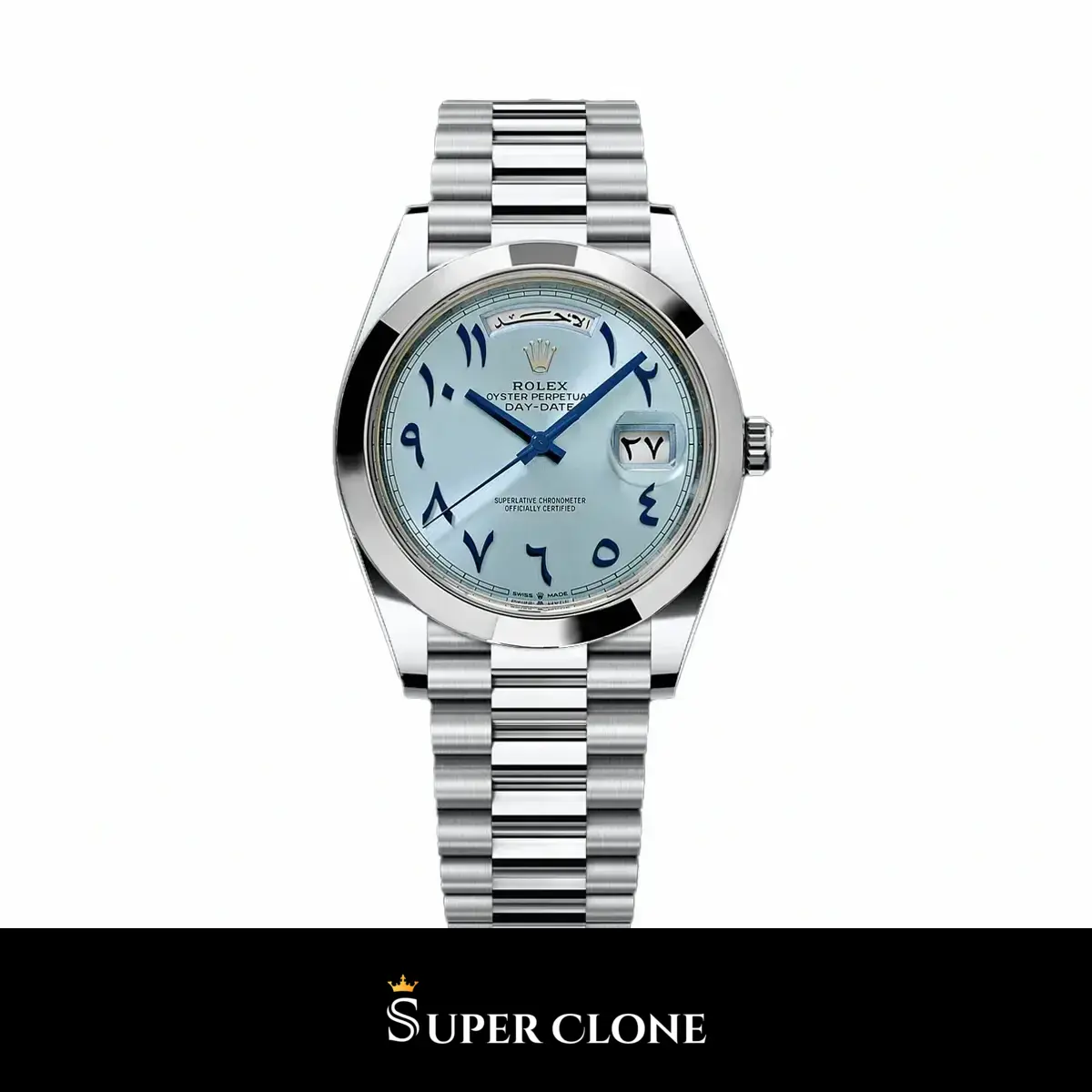 Rolex Day-Date 228206 40mm esfera azul hielo con números arábigos y bisel liso réplica