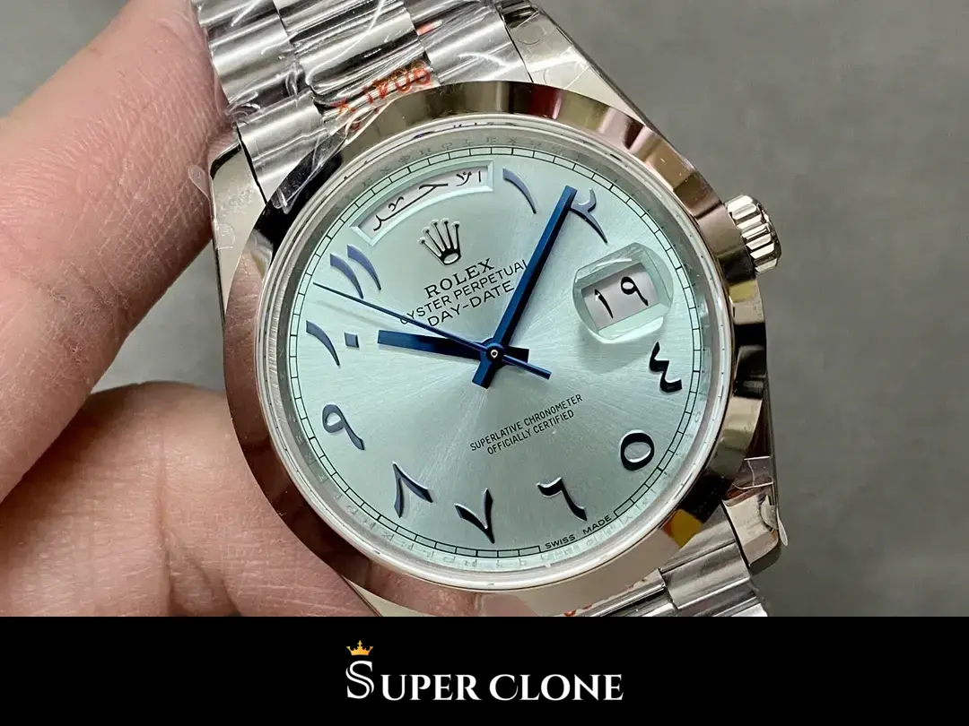 Rolex Day-Date 228206 réplica, perfil lateral de la caja, azul hielo