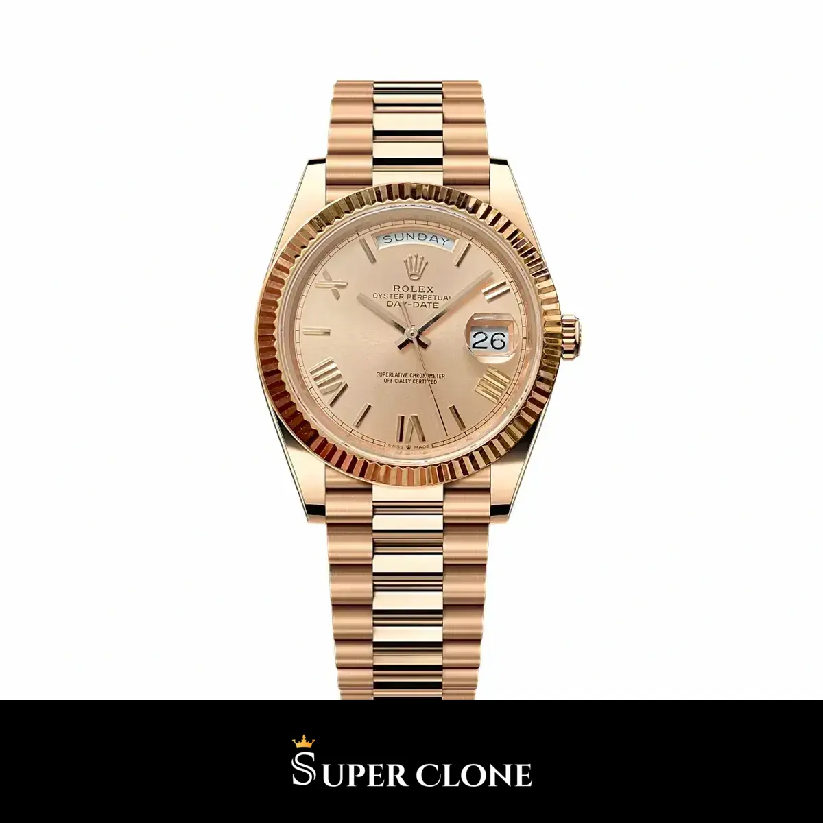 Rolex Day-Date 228235 réplica Miyota esfera rosa — vista frontal