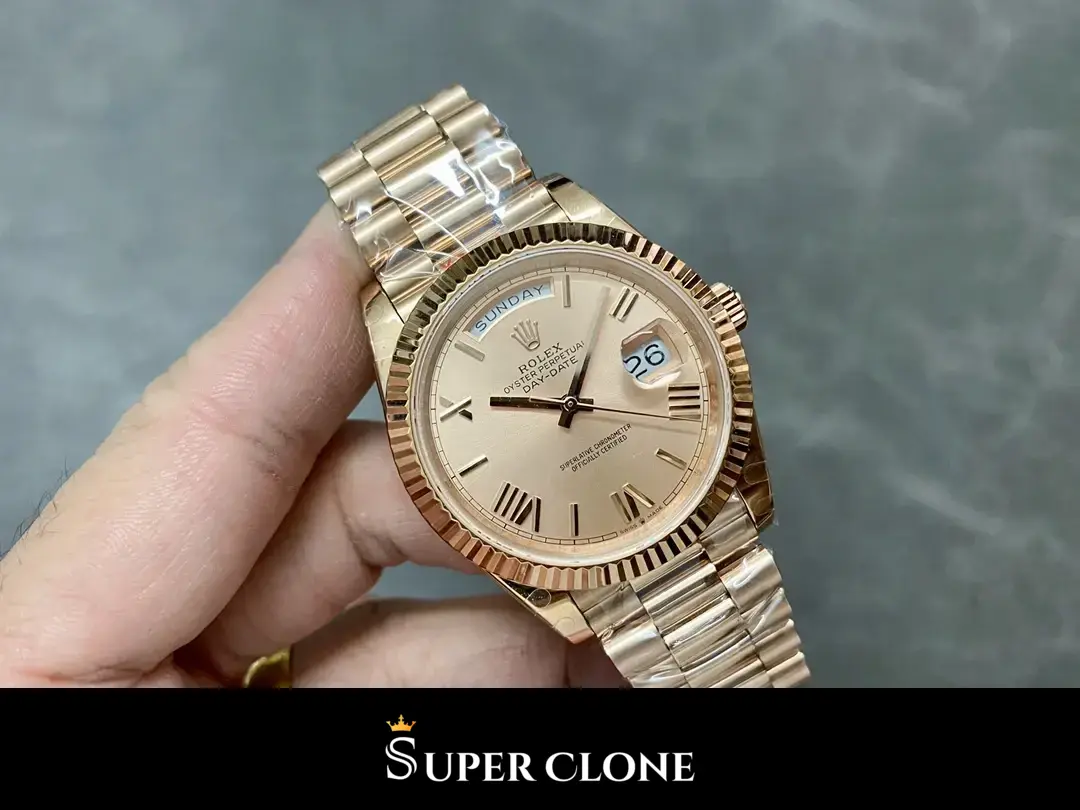 Rolex Day-Date 228235 replica, toma en la muñeca, esfera rosa