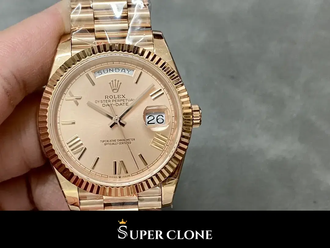 Rolex Day-Date 228235 replica, perfil lateral de la caja Everose