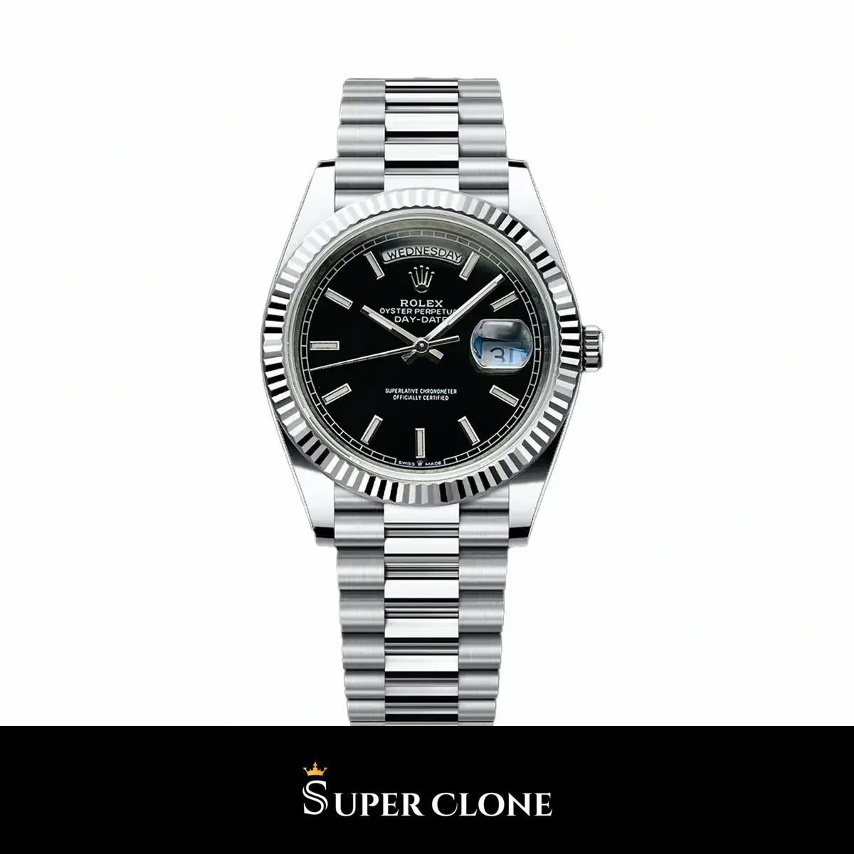 Rolex Day-Date 228236 en acero 904L con esfera negra y bisel estriado réplica
