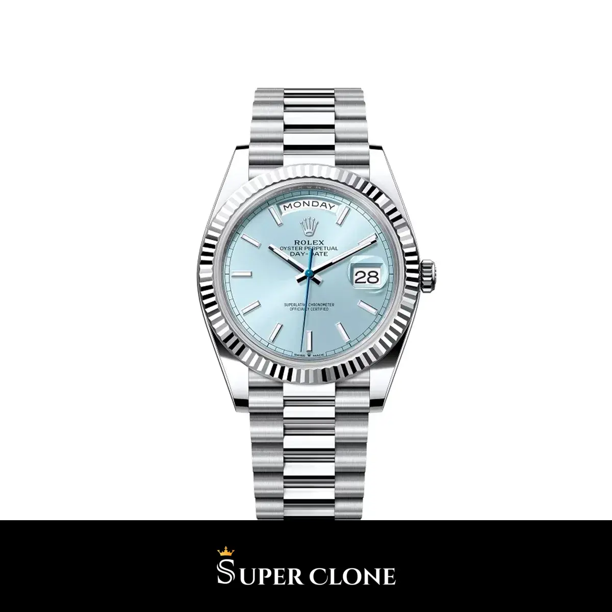 Rolex Day-Date 228236 azul hielo, esfera sunburst en acero 904L réplica
