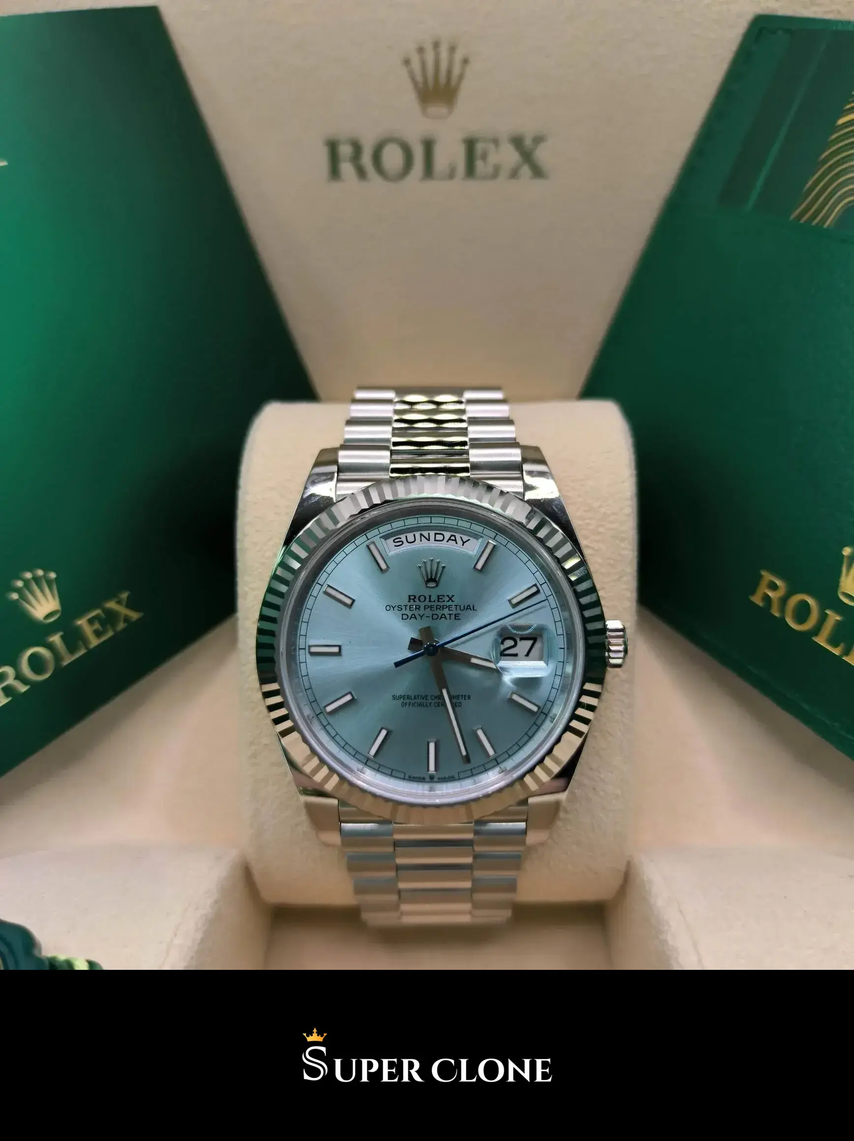 Rolex Day-Date 228236 replica azul hielo, detalle de la esfera