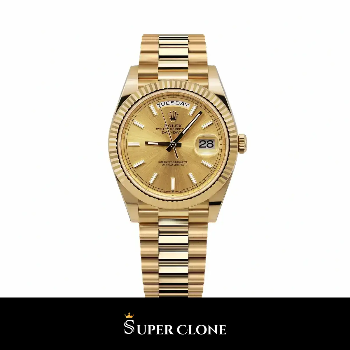 Rolex Day-Date 228238 réplica esfera champán — vista frontal