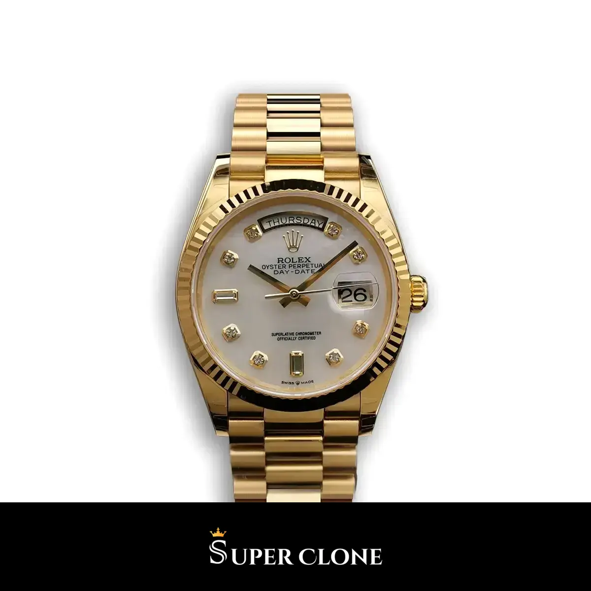 Rolex Day-Date 128238 réplica Miyota esfera nácar — vista frontal