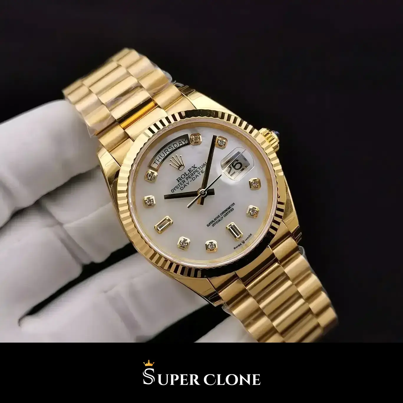 Rolex Day-Date 228239 replica nácar, fecha y lente Cyclops