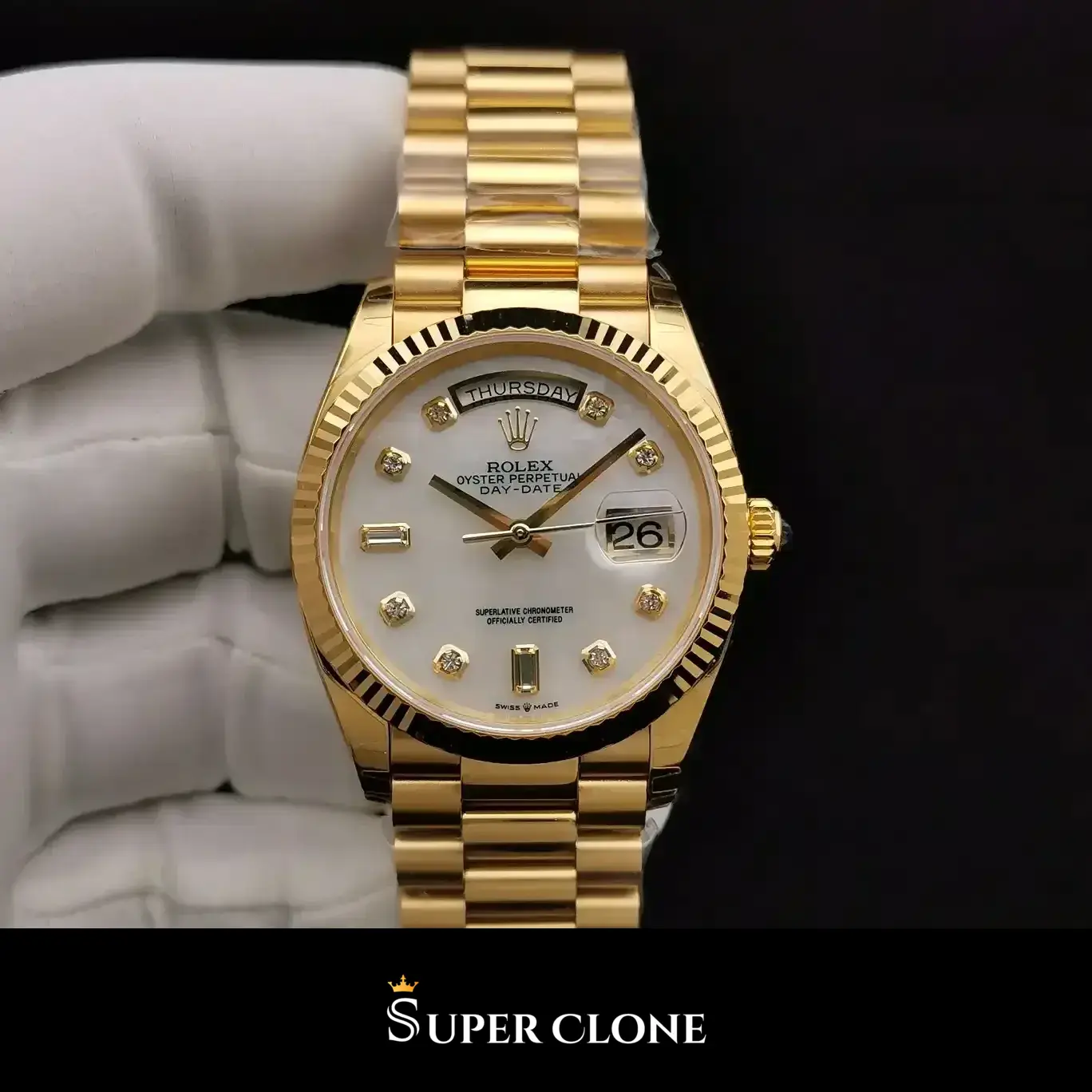 Rolex Day-Date 228239 replica nácar, corona de rosca