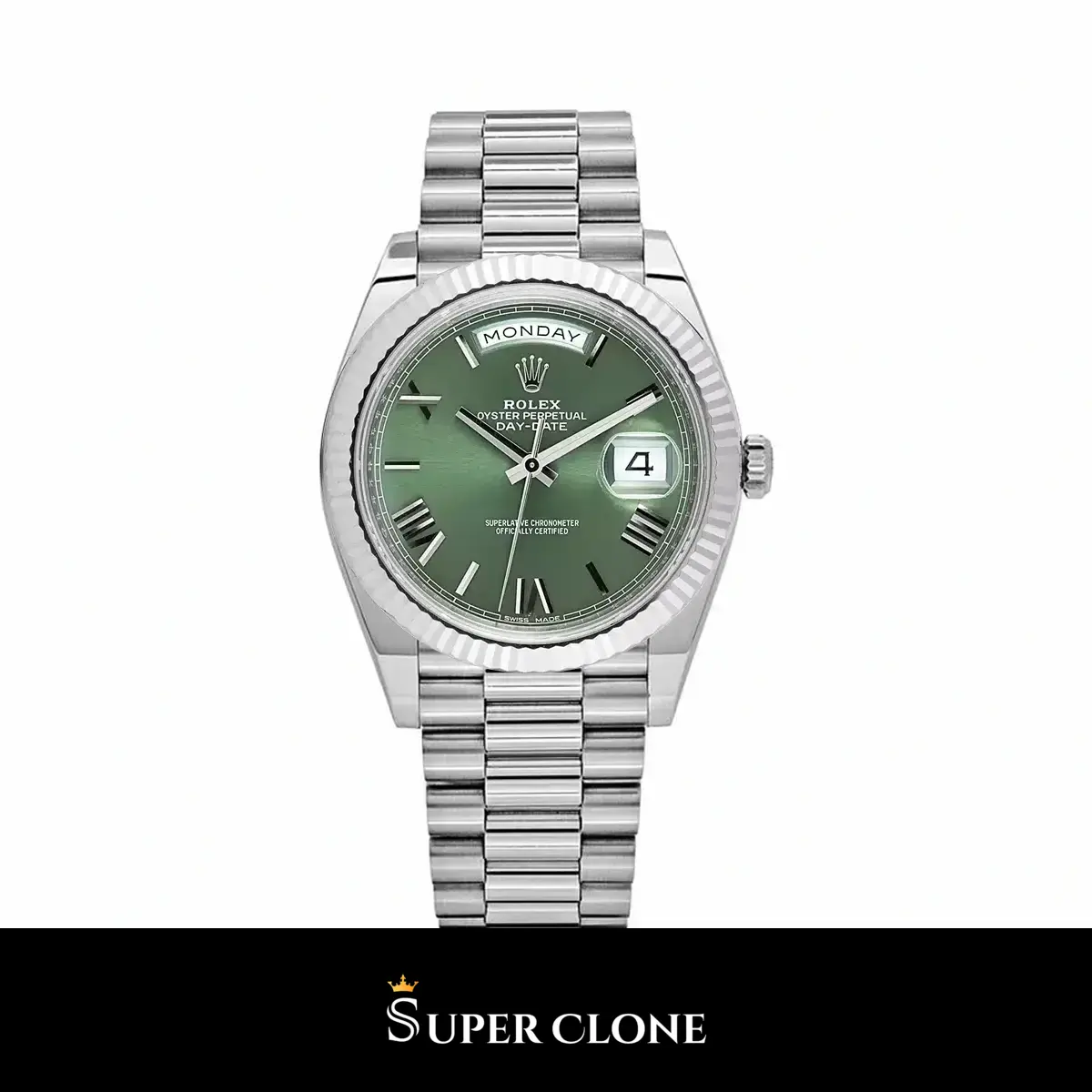 Rolex Day-Date 228239 40 mm esfera verde sunburst con bisel estriado réplica