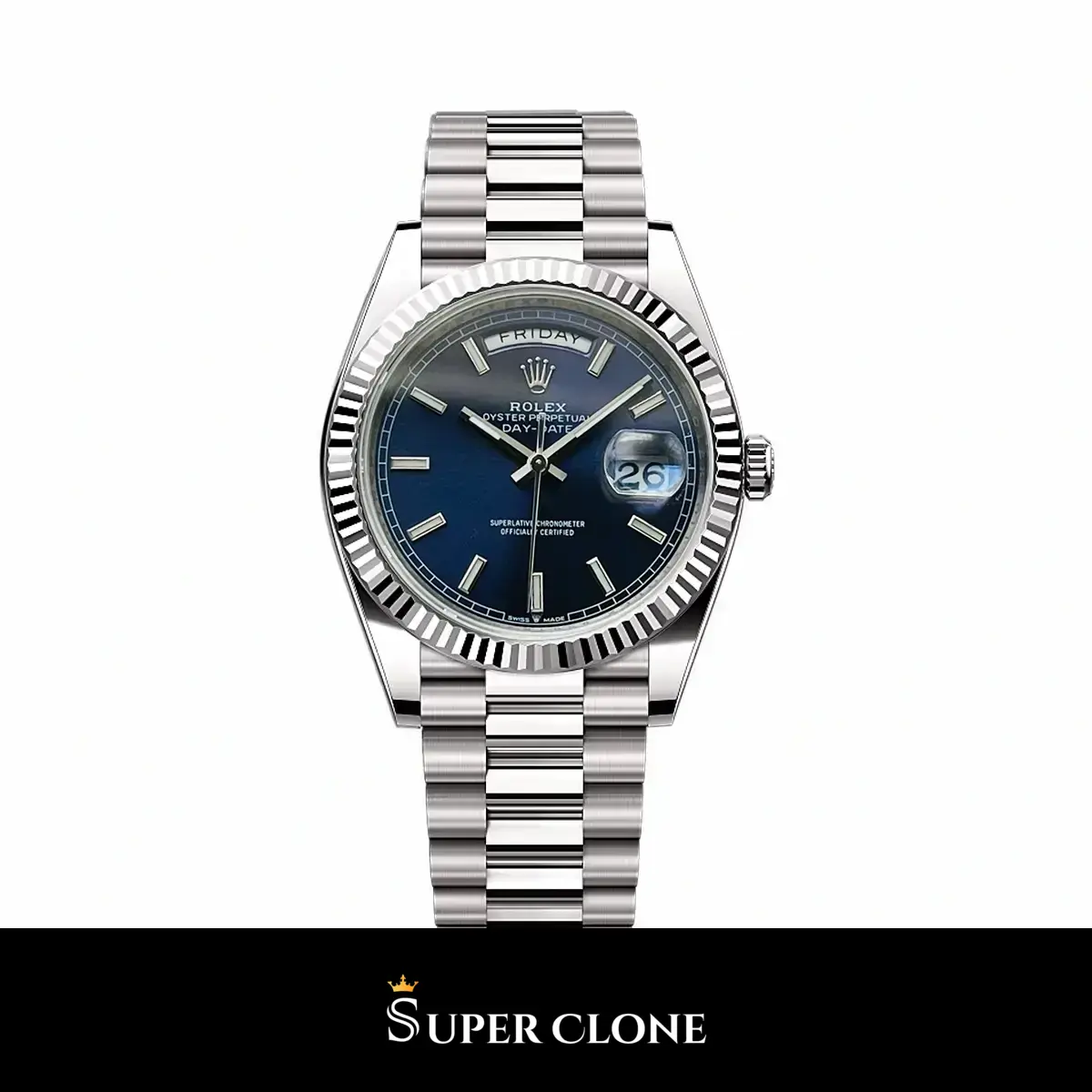 Rolex Day-Date 228239AF réplica Miyota esfera azul — vista frontal