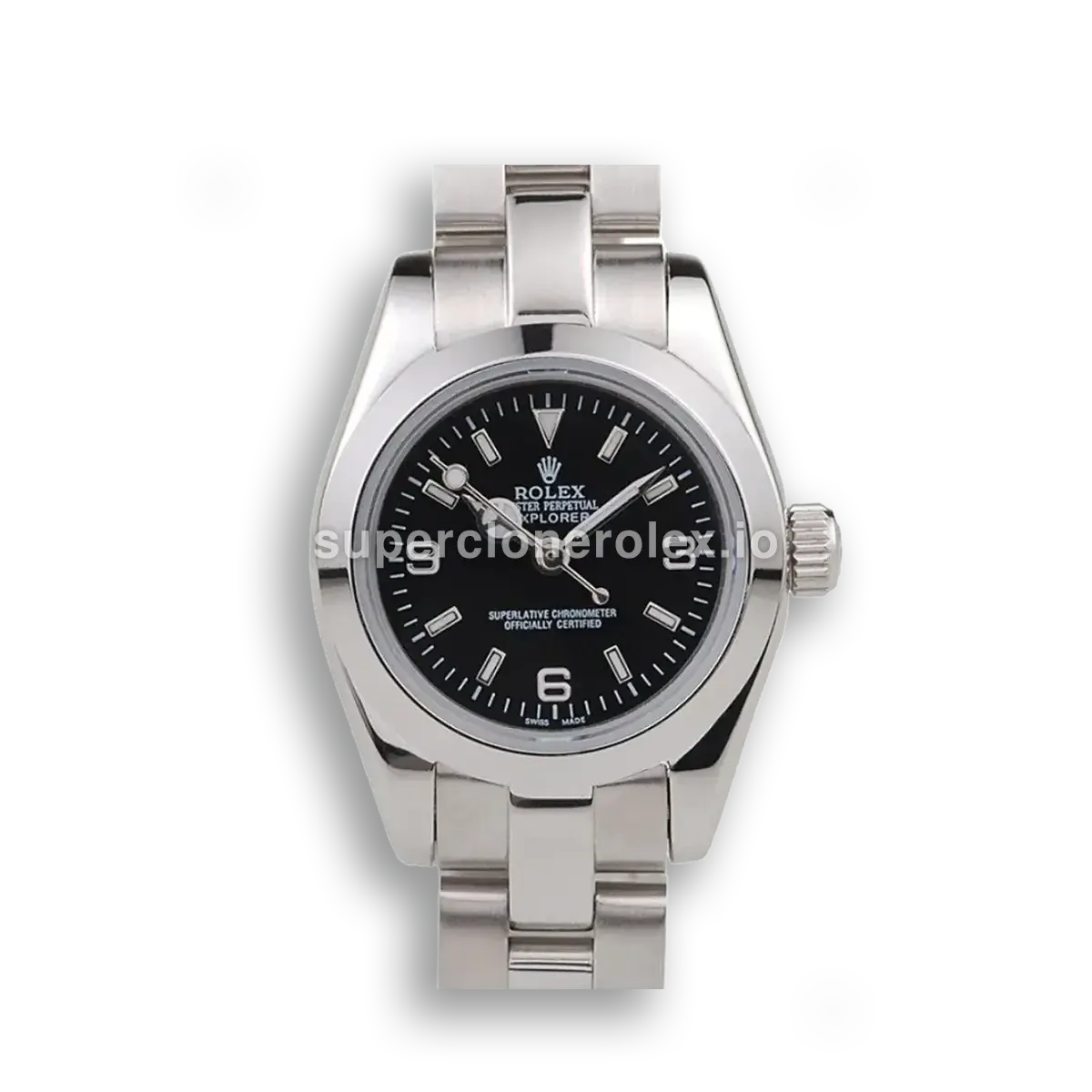 Rolex Explorer 98089 réplica esfera negro — vista frontal