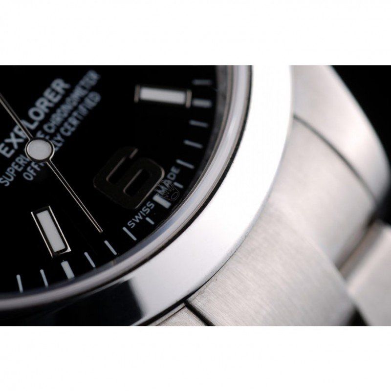 Rolex Explorer 42002 replica esfera negra, macro del bisel