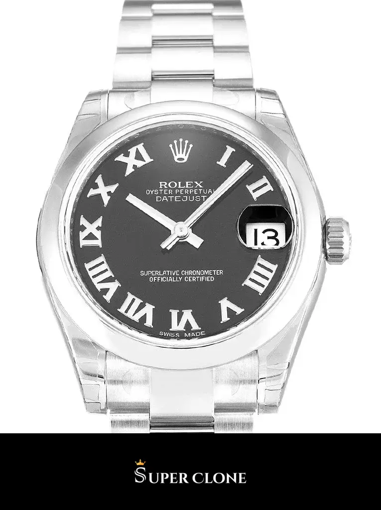 Lady-Datejust 178240 replica negra, detalle de caja en acero