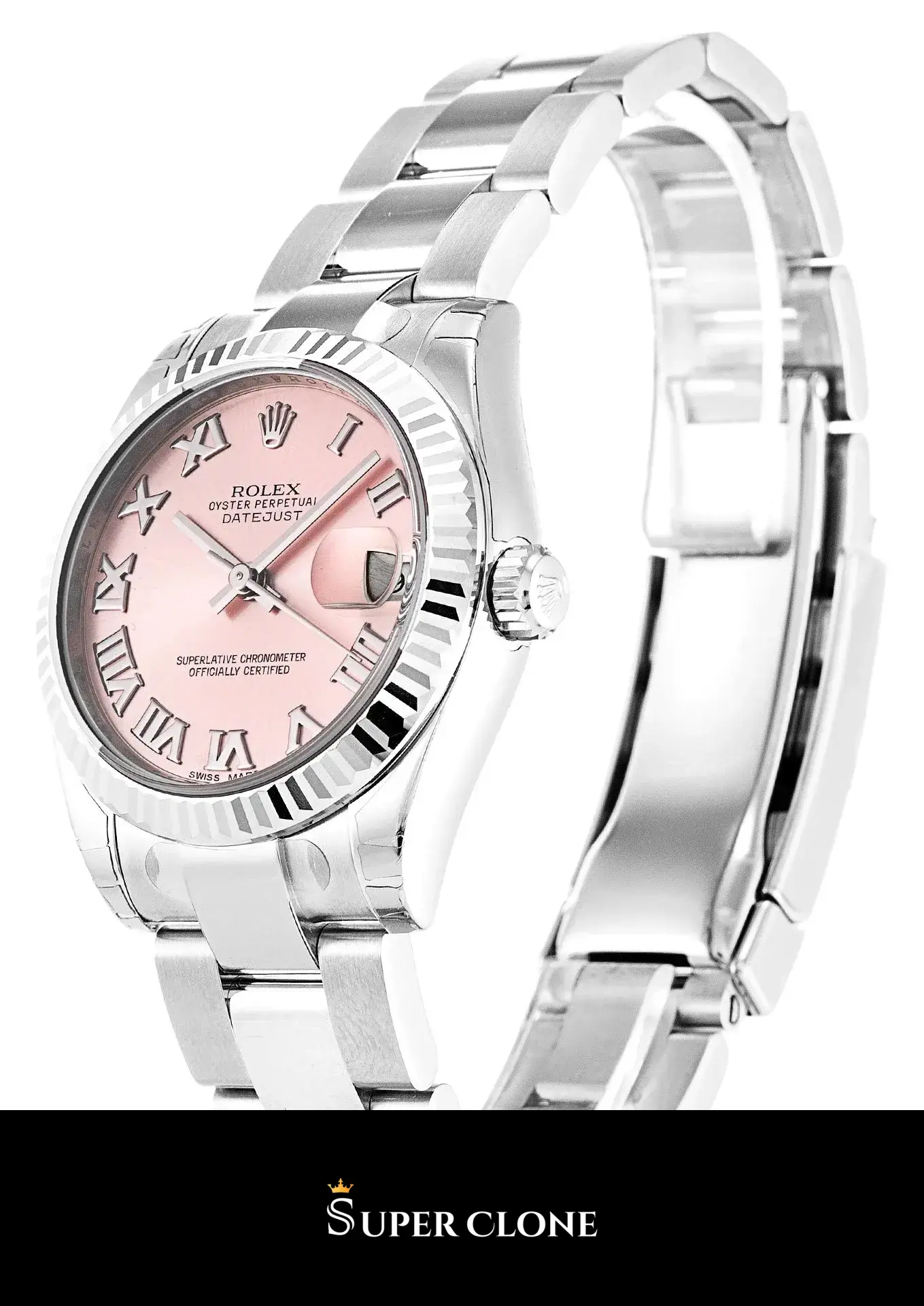 Rolex Lady-Datejust 178274 replica, perfil lateral, bisel estriado de oro blanco