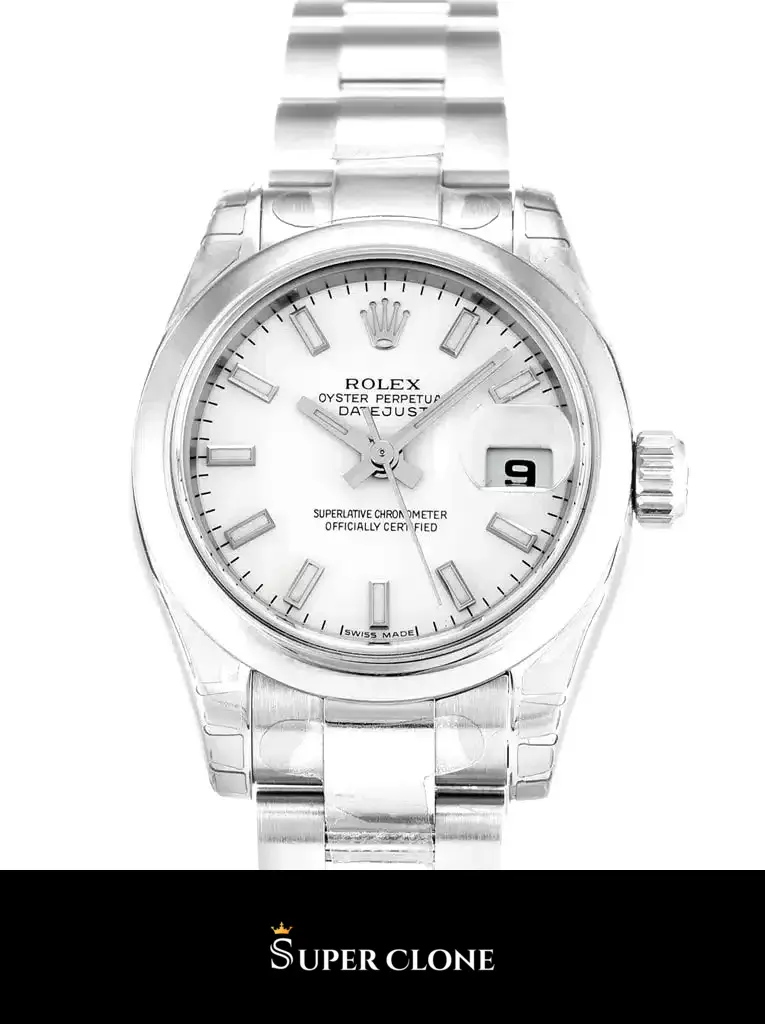Rolex Lady-Datejust 179160 replica, detalle del bisel estriado, color blanco