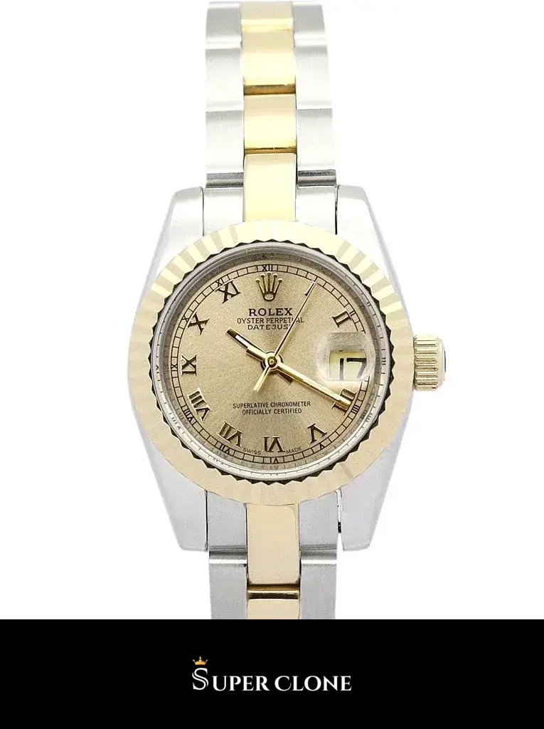 Rolex Lady-Datejust 179163 replica, esfera oro amarillo sunburst en detalle
