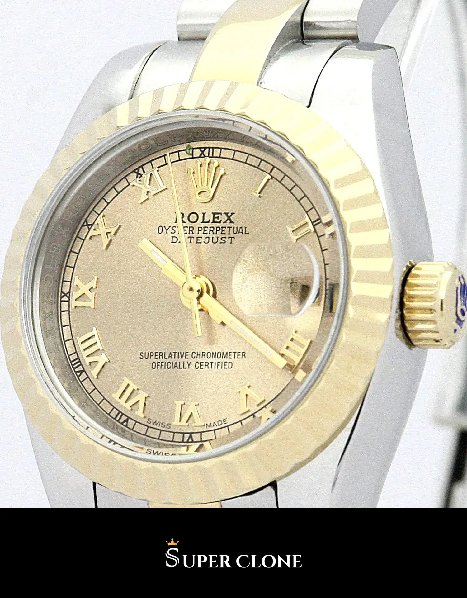 Rolex Lady-Datejust 179163 replica, perfil lateral, bisel estriado oro