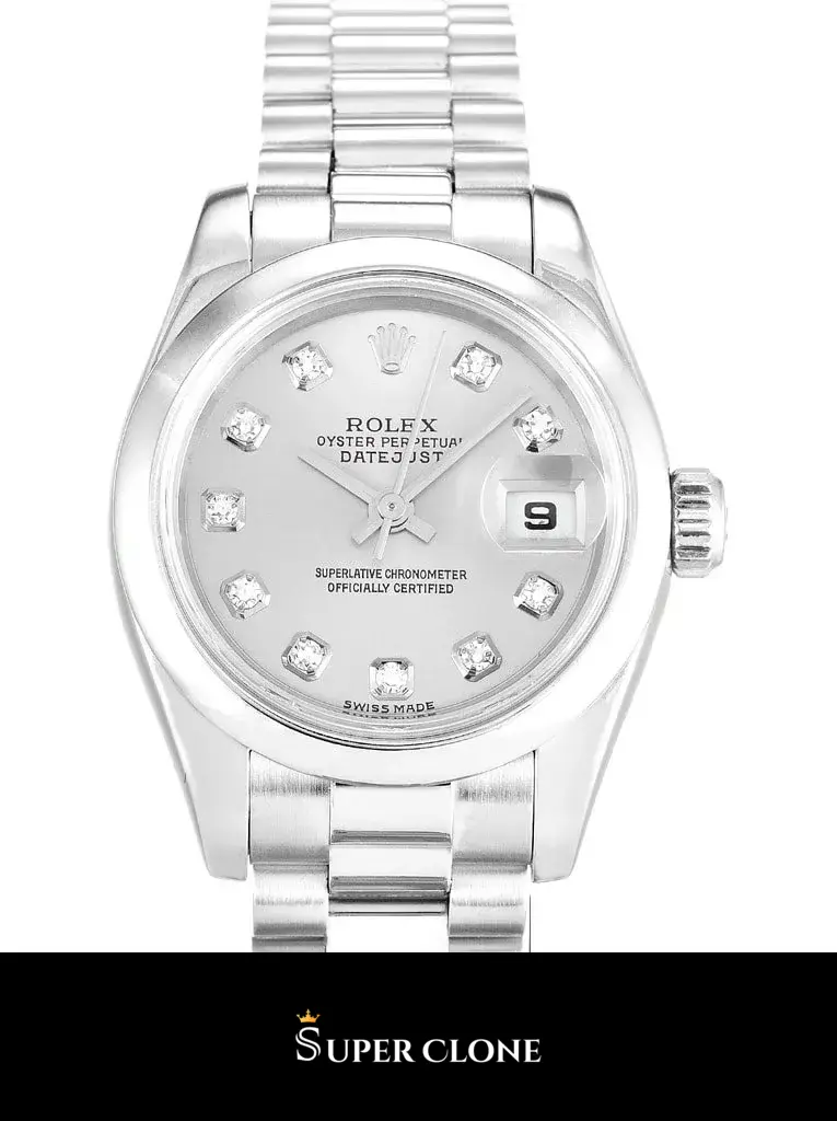 Rolex Lady-Datejust 179166 replica, esfera plateada en primer plano, 26mm