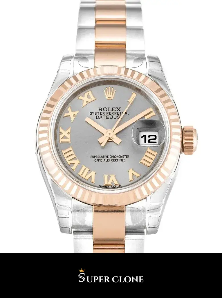 Rolex Lady-Datejust 179171 replica rodio, detalle del bisel estriado oro rosa