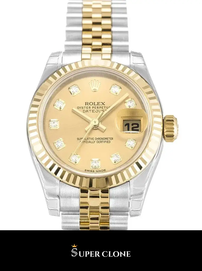 Rolex Lady-Datejust 179173 replica, primer plano de la esfera champán sunburst