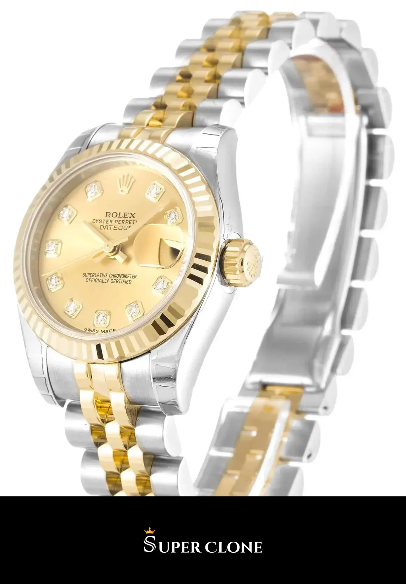 Rolex Lady-Datejust 179173 replica, perfil lateral con bisel estriado oro amarillo