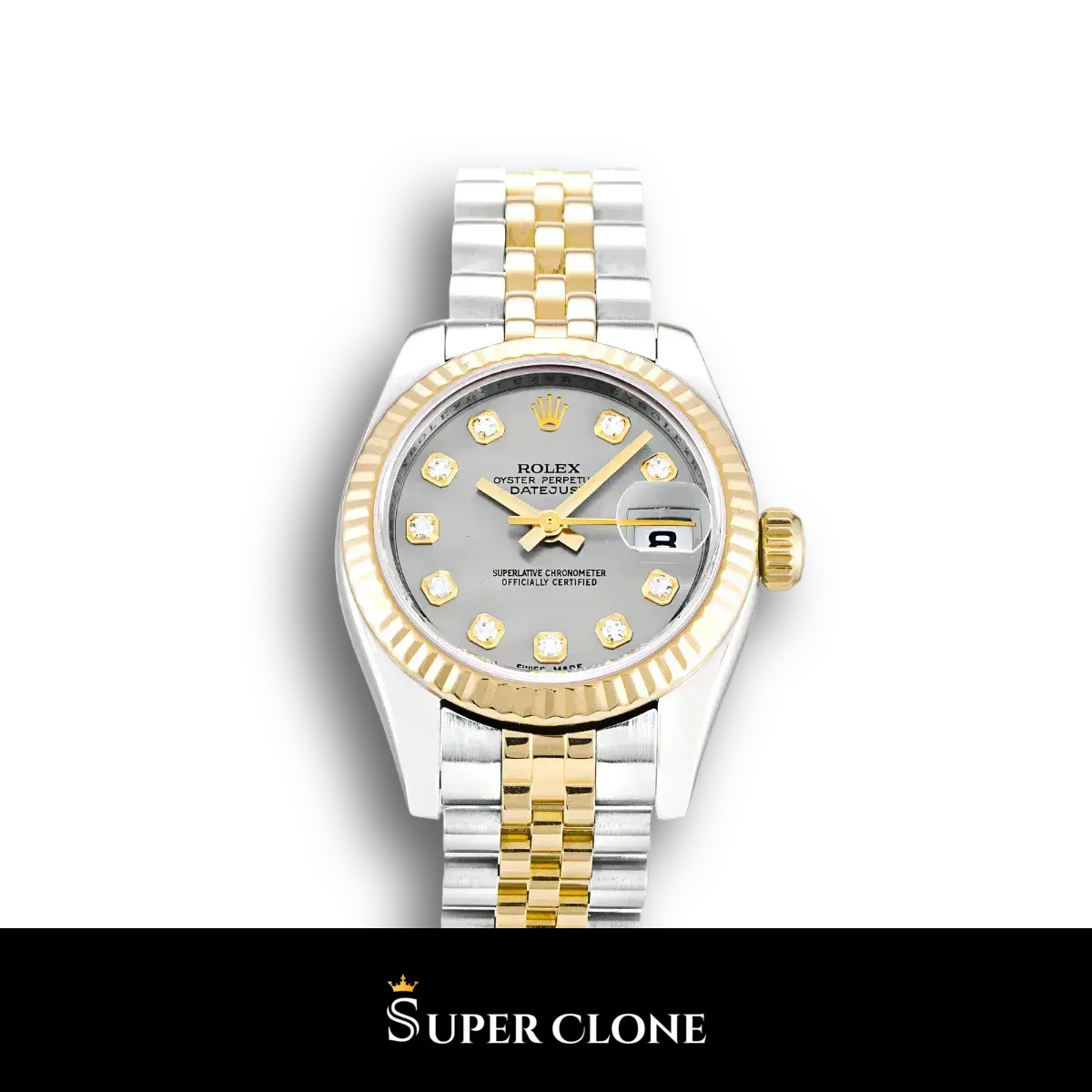 Lady-Datejust 179173 réplica de Rolex esfera plata — vista frontal