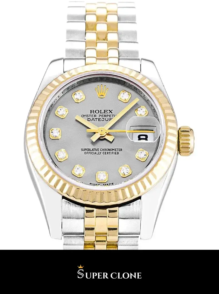 Rolex Lady-Datejust 179173 replica, detalle de esfera plateada, vista 2