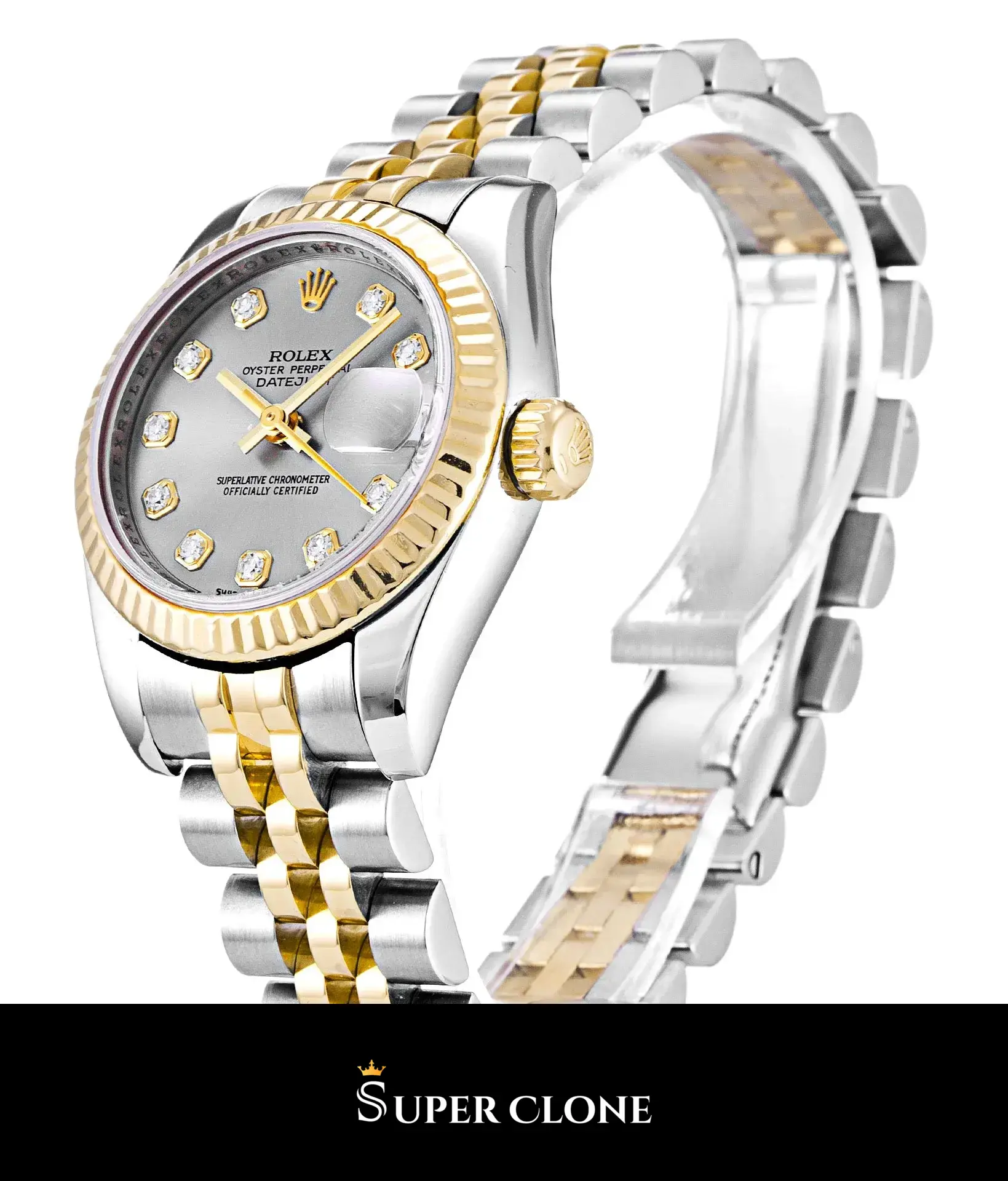 Rolex Lady-Datejust 179173 replica, bisel estriado en oro amarillo, vista 3