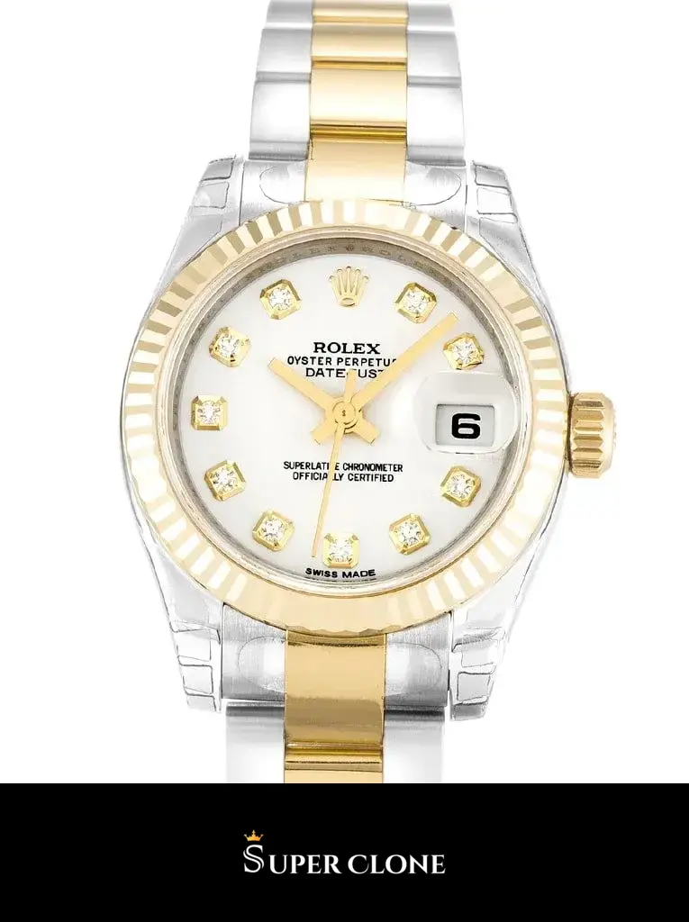 Rolex Lady-Datejust 179173 replica, primer plano de la esfera blanca