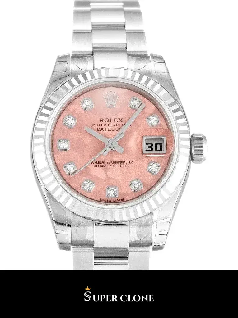 Rolex Lady-Datejust 179174 réplica, detalle de la esfera rosa, vista 2