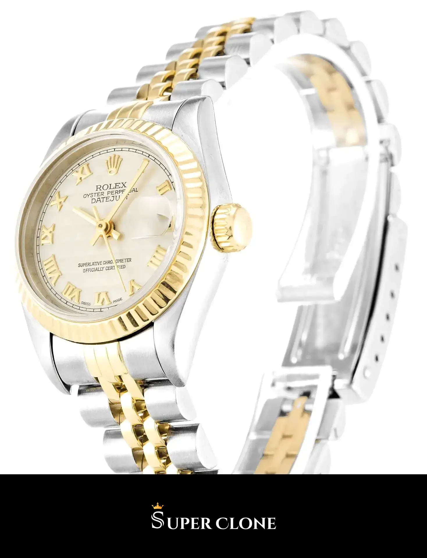 Rolex Lady-Datejust 69173 replica bicolor, perfil lateral