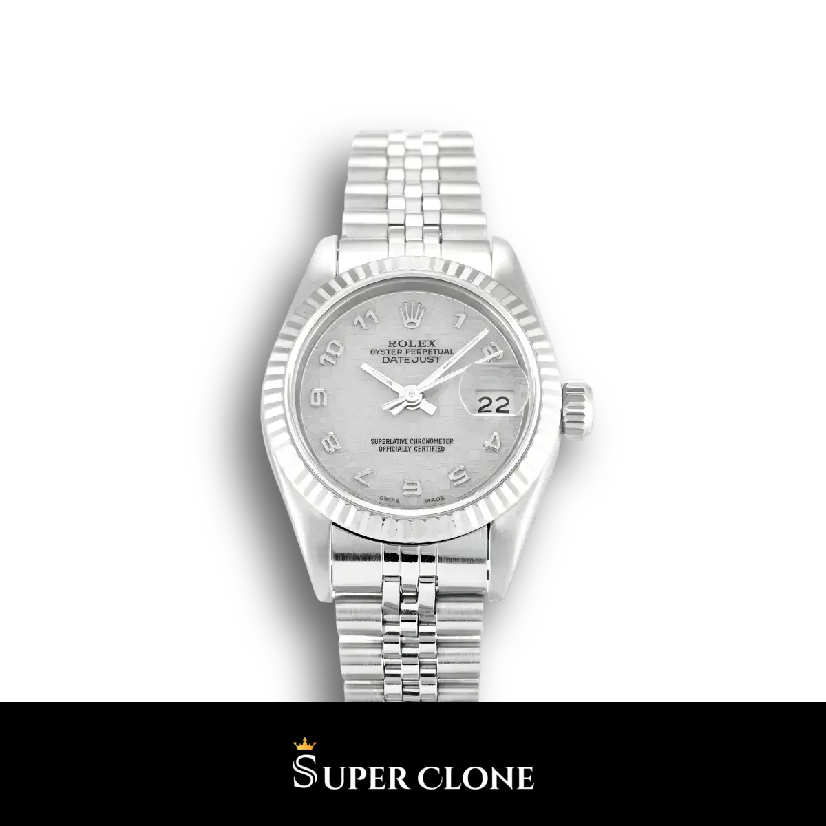 Rolex Lady-Datejust 69174 réplica esfera plata — vista frontal