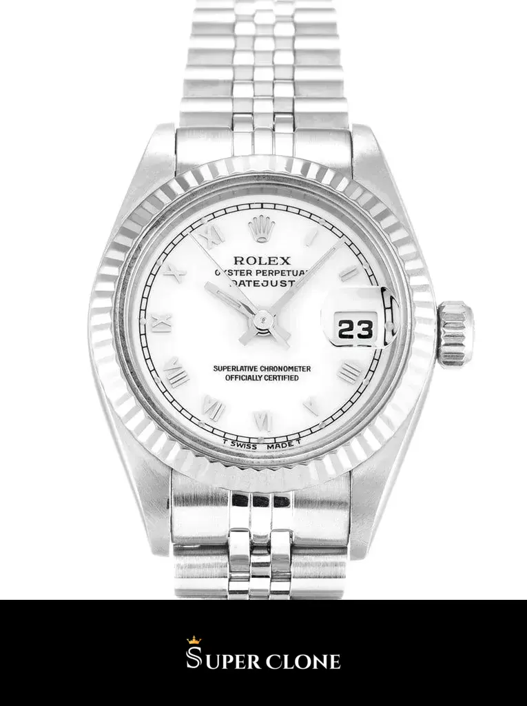 Rolex Lady-Datejust 69174 replica blanca, detalle de esfera y bisel estriado