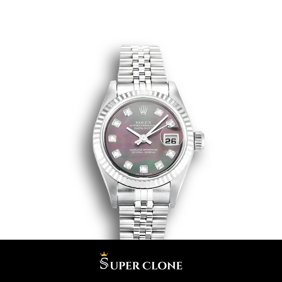 Rolex Lady-Datejust 79174 26mm Esfera Negra Bisel Estriado Oro Blanco réplica