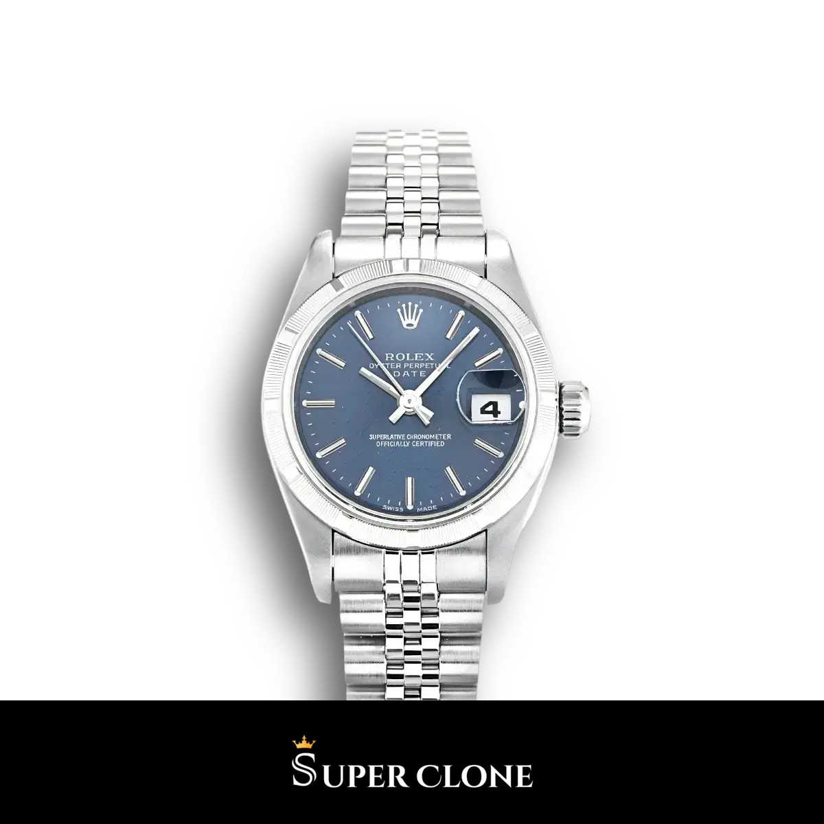 Rolex Lady-Datejust 79190 esfera azul sunray 26mm con bisel estriado de oro blanco réplica