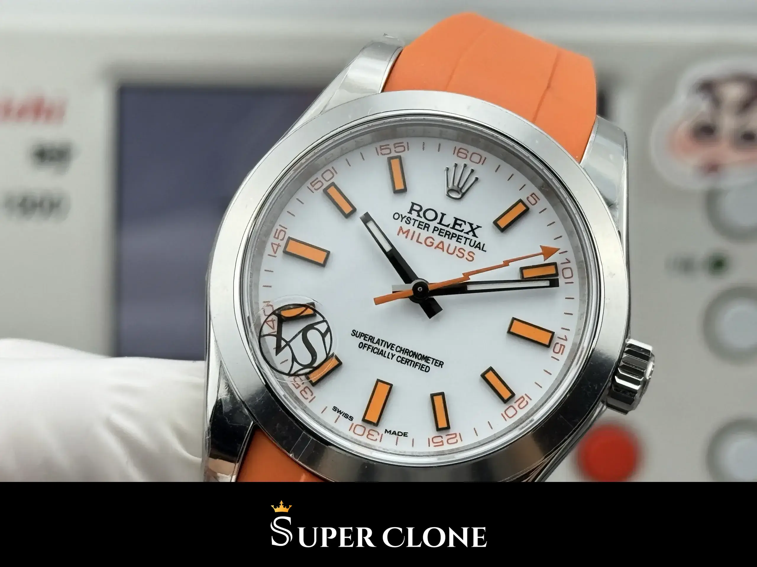 Rolex Milgauss 116400 replica esfera blanca, detalle de la esfera