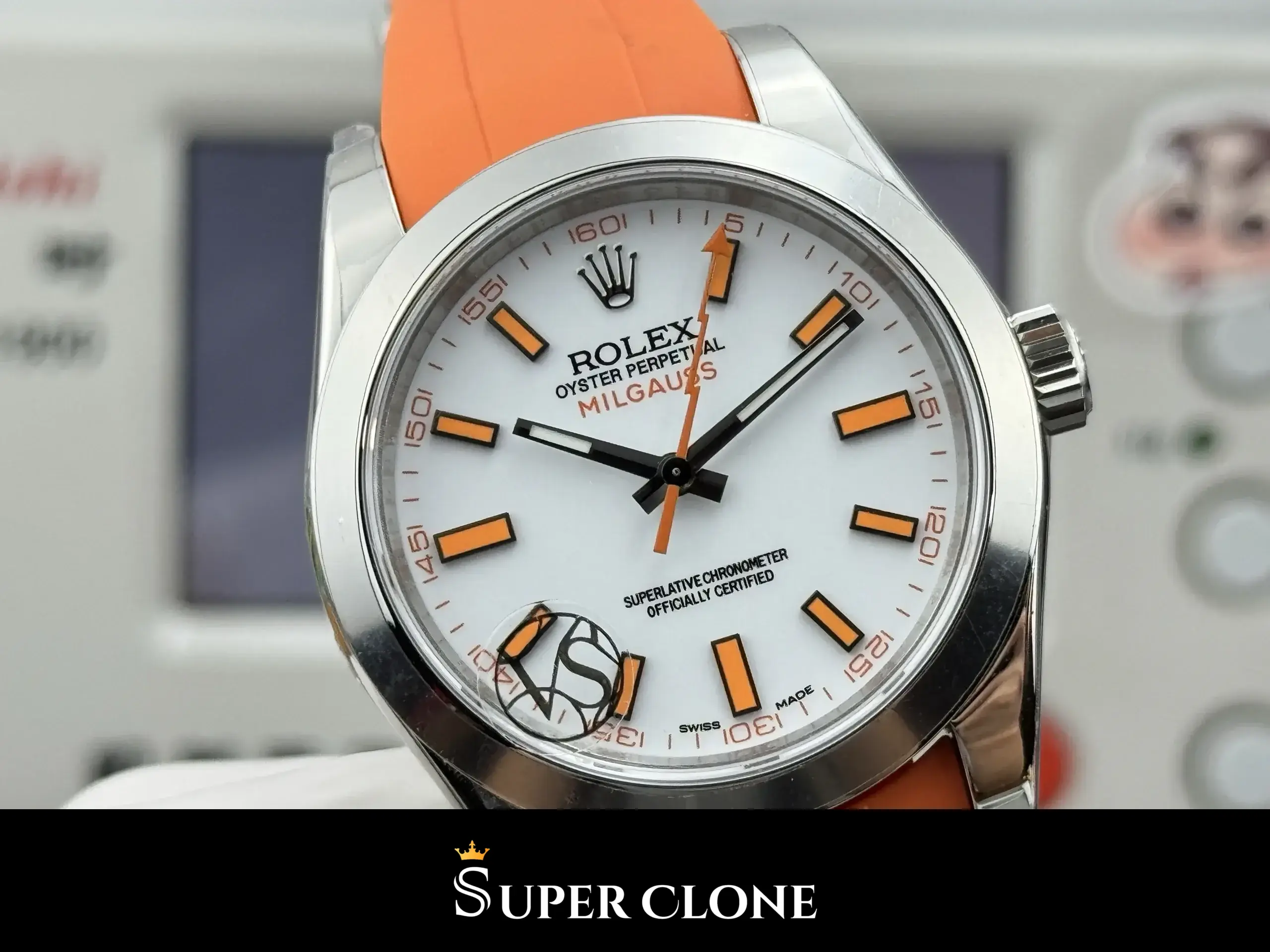 Rolex Milgauss 116400 replica esfera blanca, perfil lateral