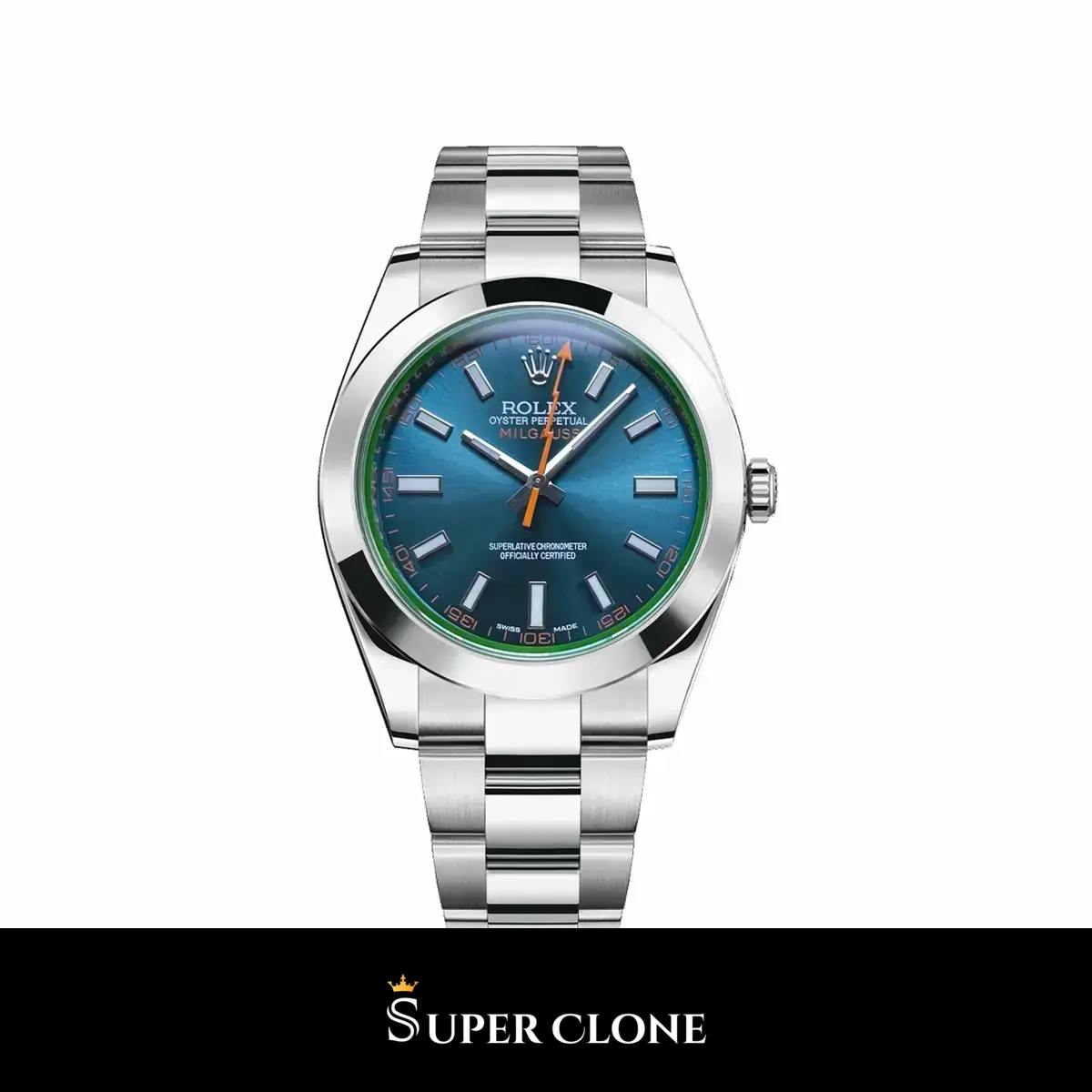 Rolex Milgauss 116400GV réplica Miyota esfera azul — vista frontal