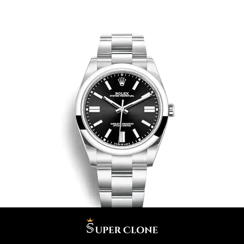 Rolex Oyster Perpetual Lady 124200 34mm esfera negra lacada y bisel liso abombado réplica
