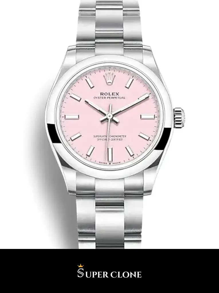 Rolex Oyster Perpetual 124200 réplica rosa chicle, detalle de la esfera en laca plana