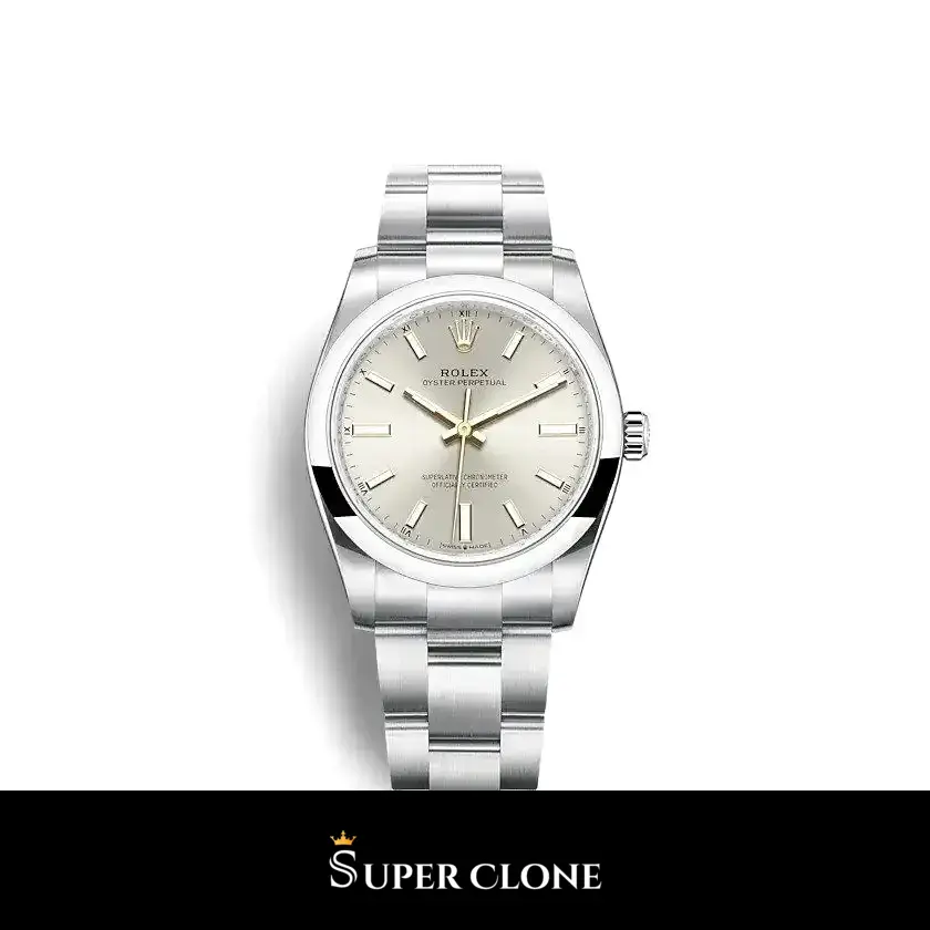 Rolex Oyster Perpetual 124200 34mm, esfera plata sunburst y bisel liso abovedado réplica