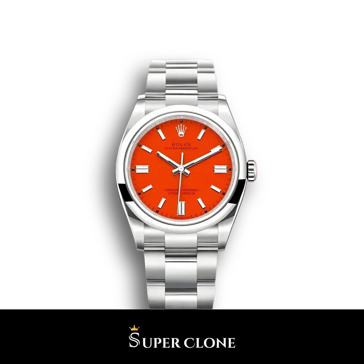 Oyster Perpetual 124300 réplica automática japonesa esfera coral rojo — vista frontal