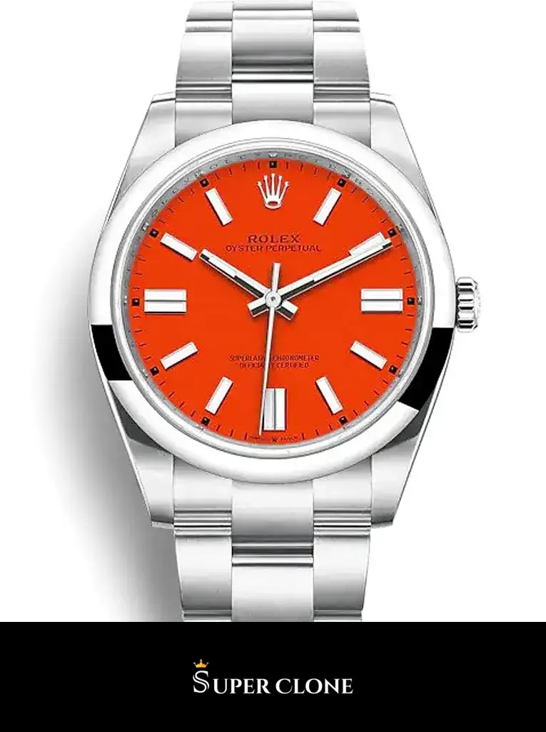 Rolex Oyster Perpetual 124300 replica, esfera coral rojo en primer plano