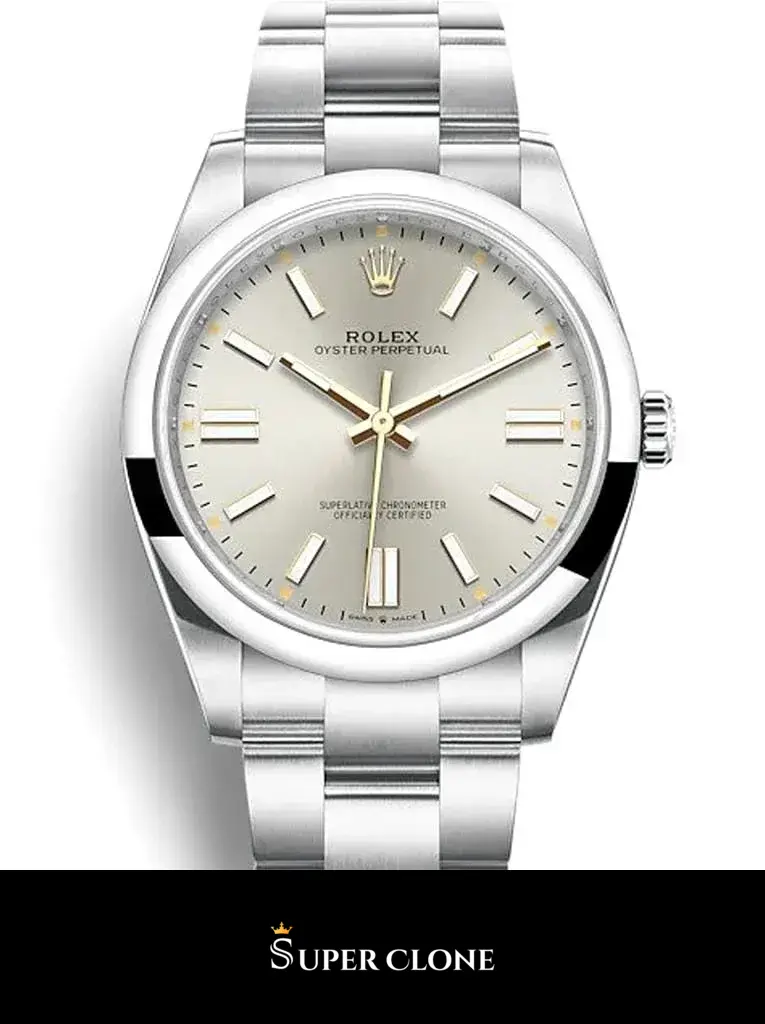 Rolex Oyster Perpetual 124300 replica, primer plano de la esfera plateada sunray
